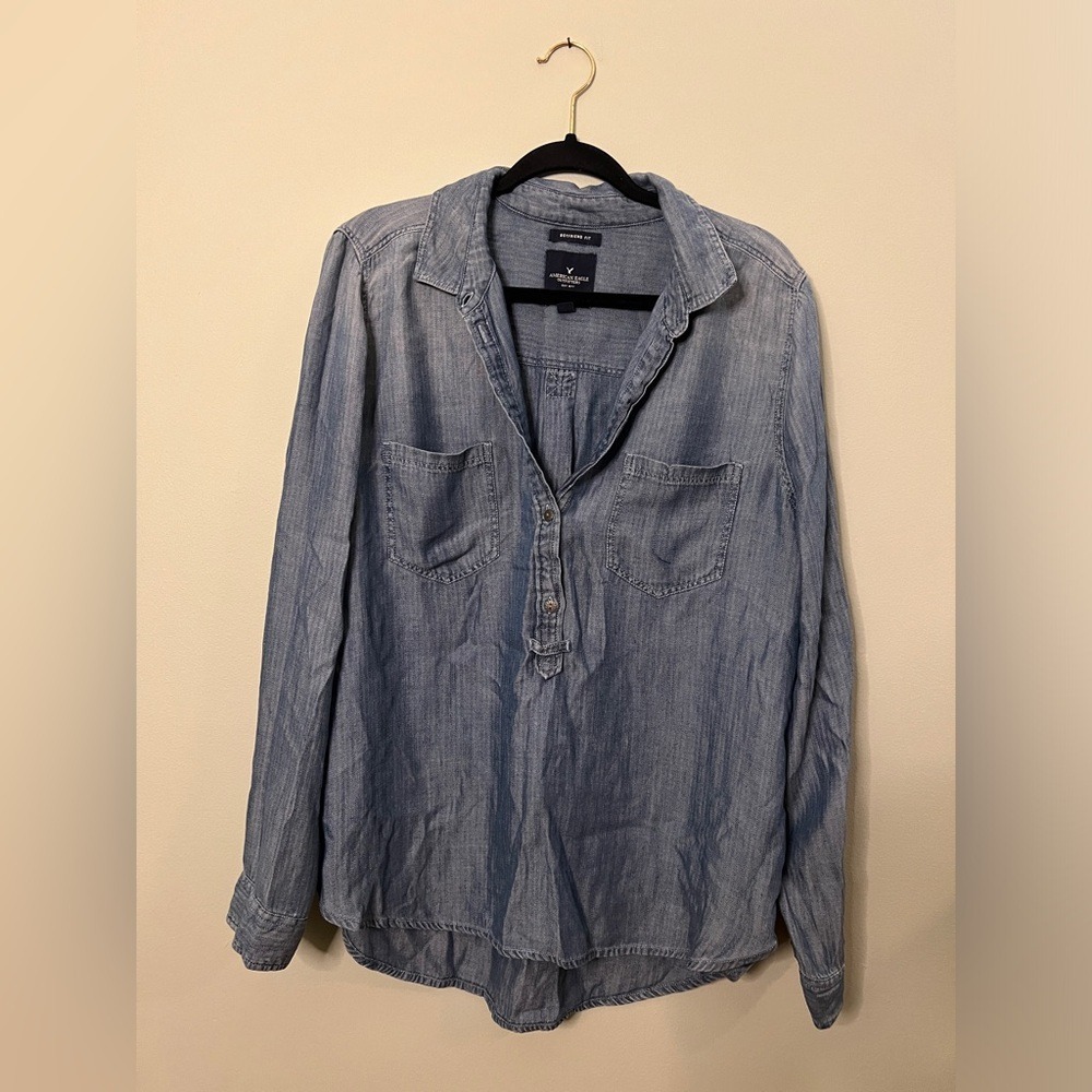 American Eagle Half Button Long Sleeve Tunic Top Boyfriend Fit Women Size XL